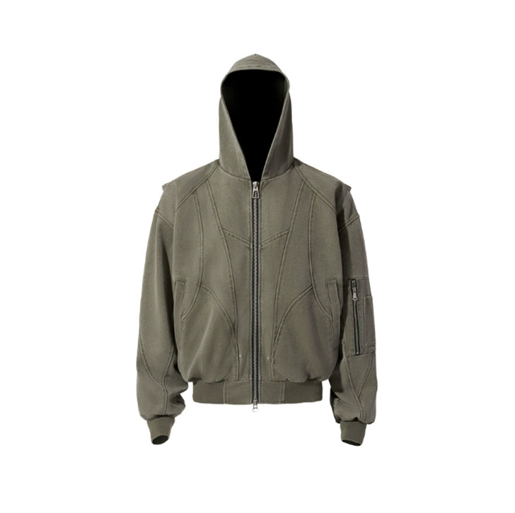Washed canvas loose hooded jacket Olive Green