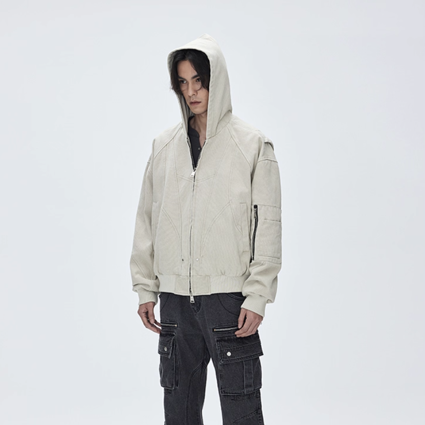 Washed canvas loose hooded jacket
