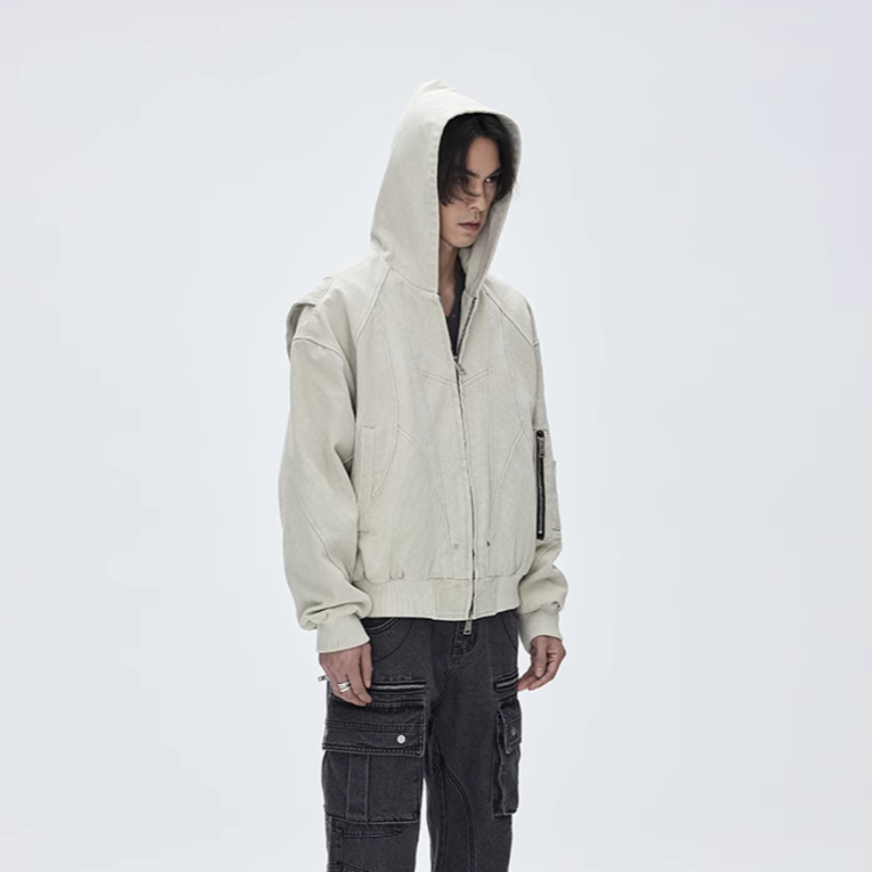 Washed canvas loose hooded jacket