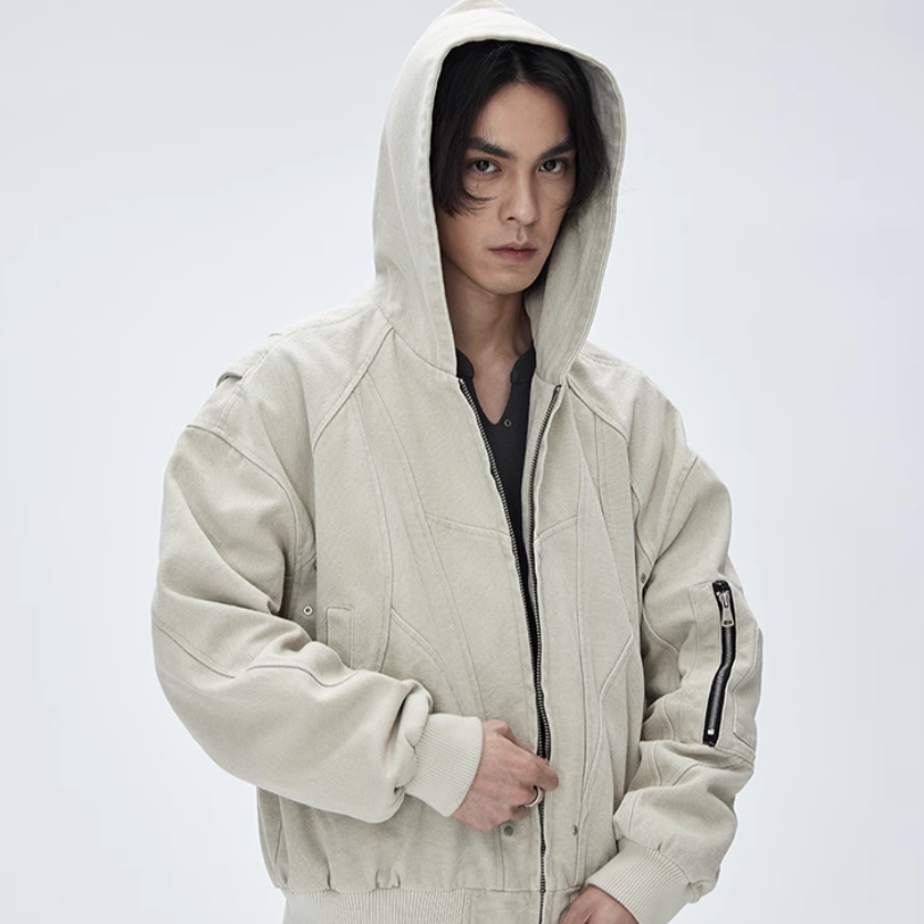 Washed canvas loose hooded jacket