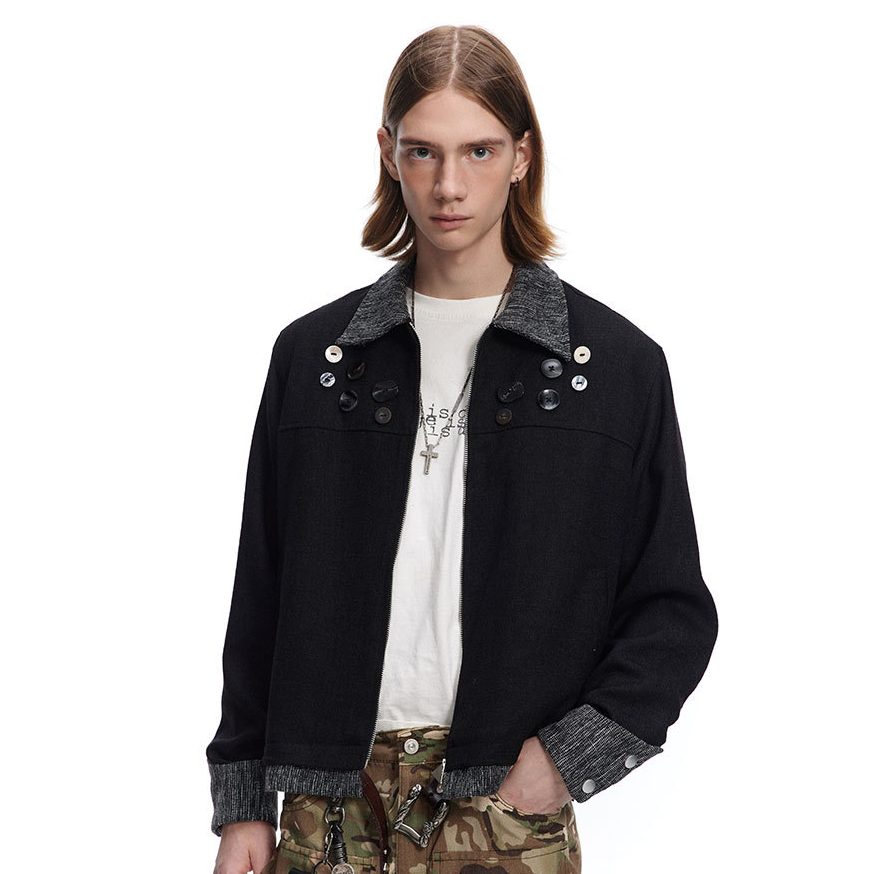 Shell Button Lapel Colorblock Coat Jacket