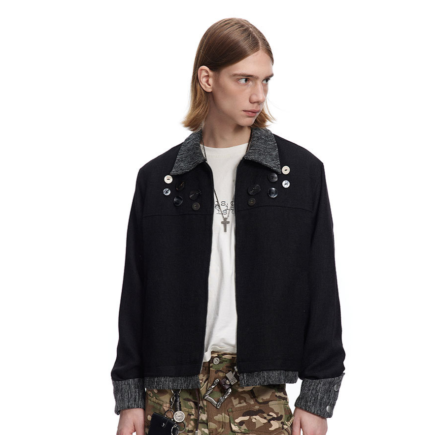 Shell Button Lapel Colorblock Coat Jacket