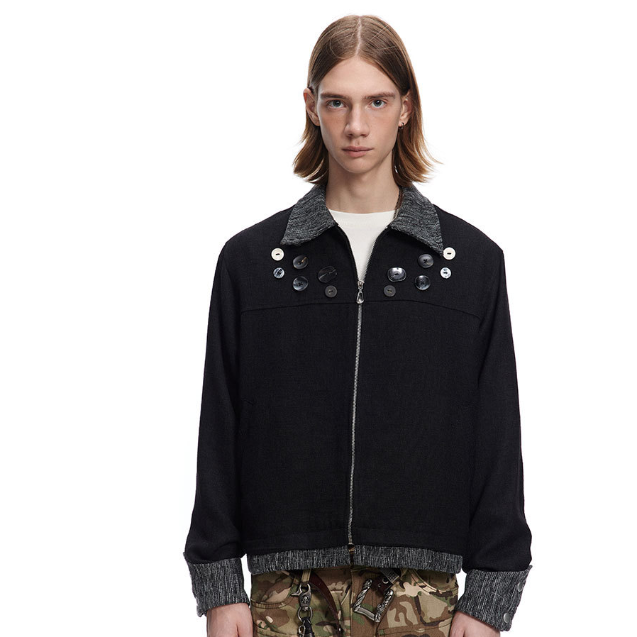 Shell Button Lapel Colorblock Coat Jacket