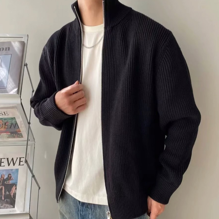 Knitted loose high-neck zip-up jacket Black