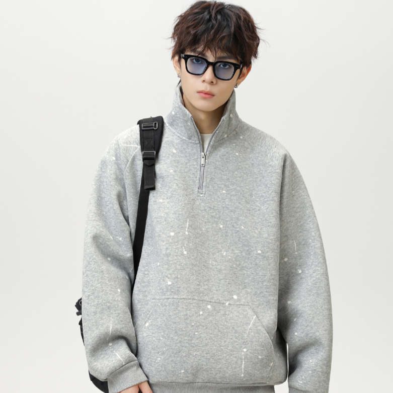 Loose zip-up stand-up collar sweatshirt