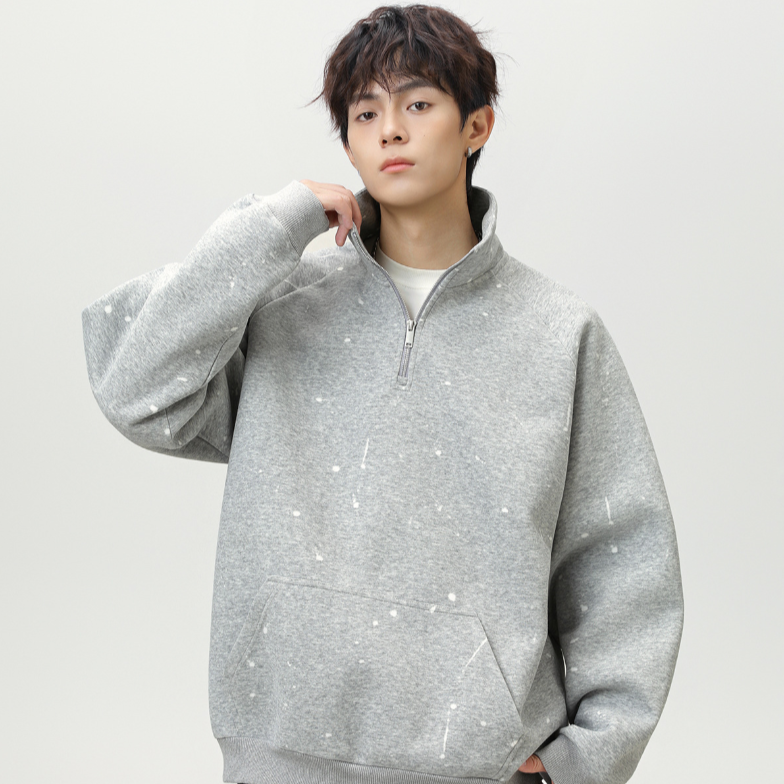 Loose zip-up stand-up collar sweatshirt