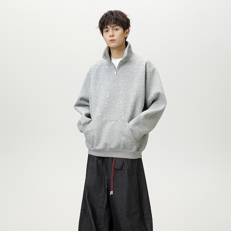 Loose zip-up stand-up collar sweatshirt
