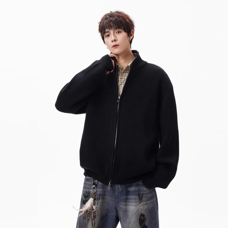 Knitted loose high-neck zip-up jacket Black