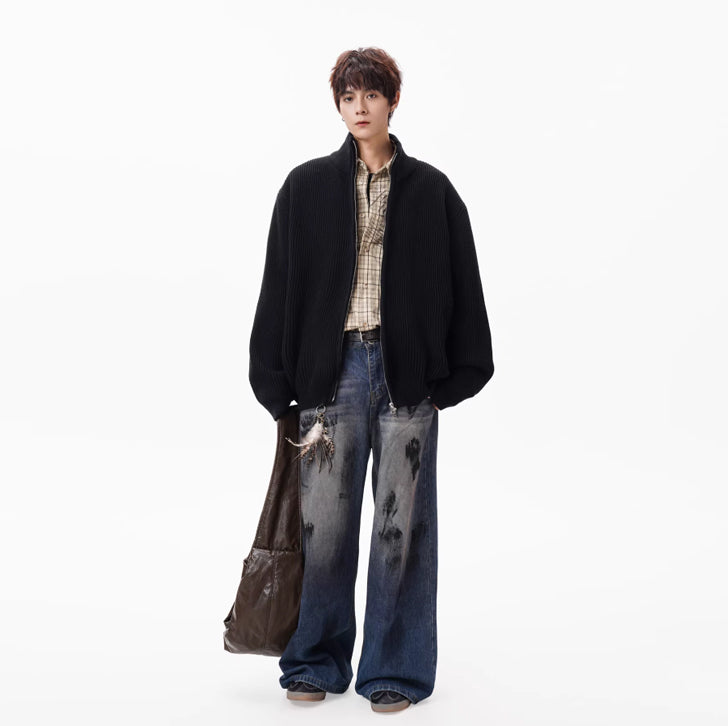 Knitted loose high-neck zip-up jacket Black