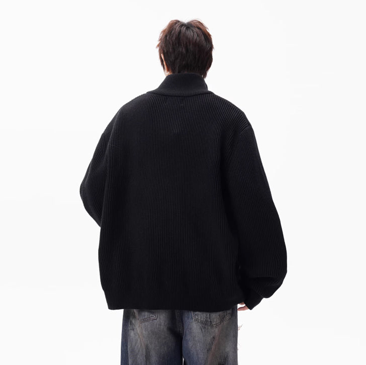 Knitted loose high-neck zip-up jacket Black