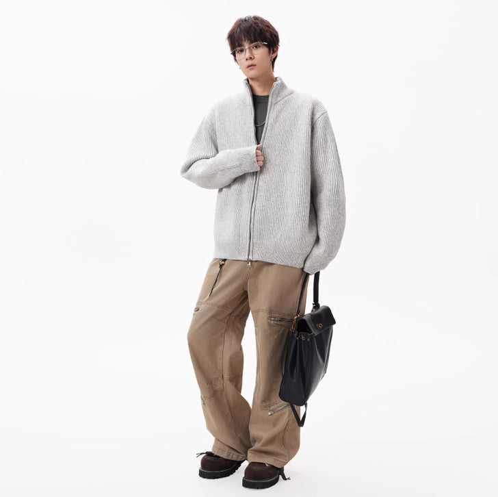 Knitted loose high-neck zip-up jacket White Ash