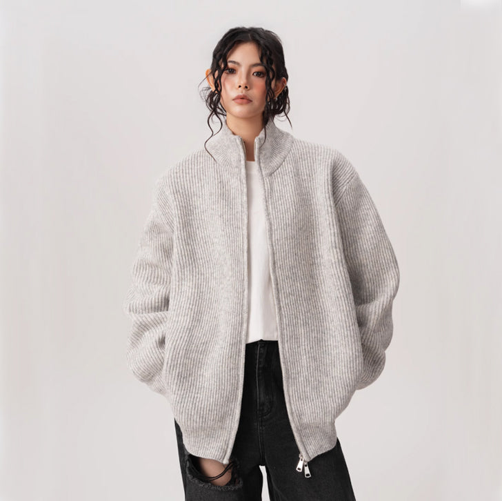 Knitted loose high-neck zip-up jacket White Ash