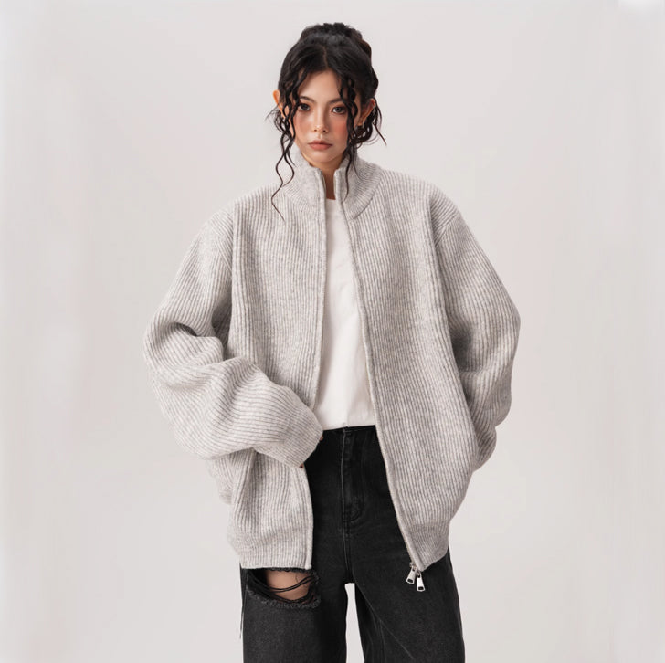 Knitted loose high-neck zip-up jacket White Ash