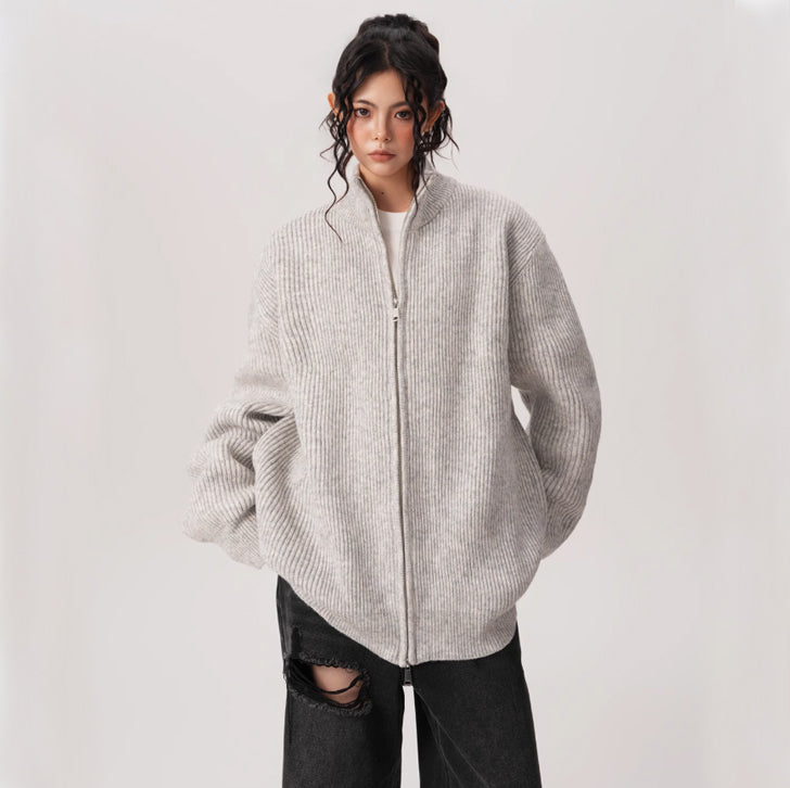 Knitted loose high-neck zip-up jacket White Ash
