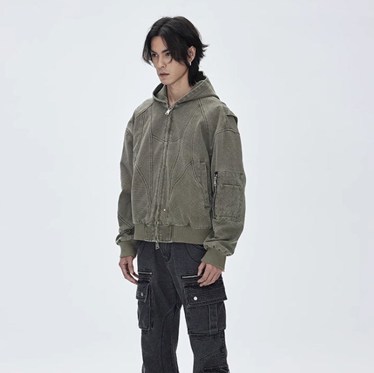 Washed canvas loose hooded jacket Olive Green