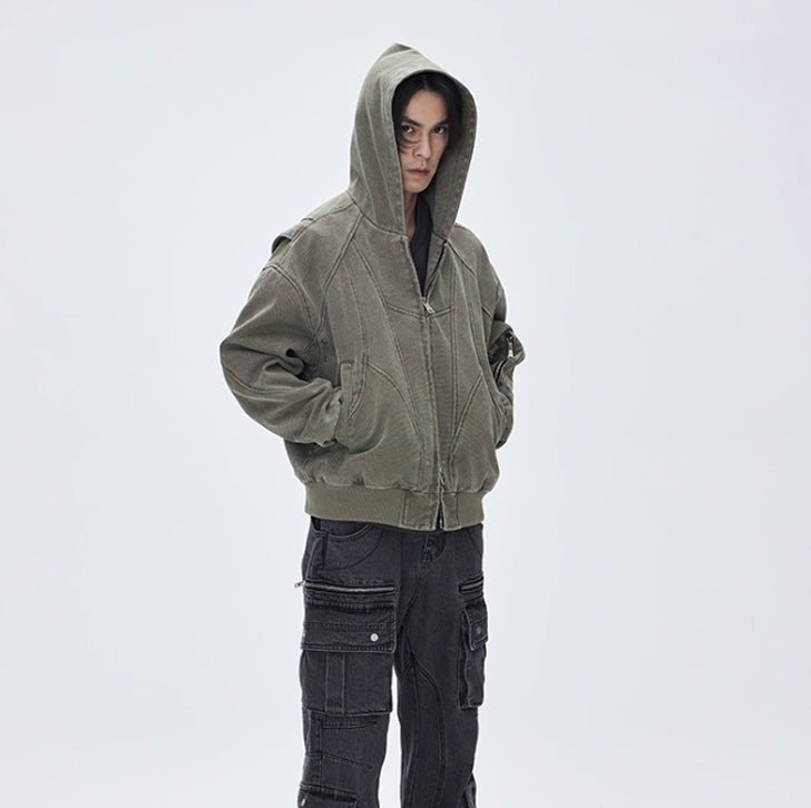 Washed canvas loose hooded jacket Olive Green