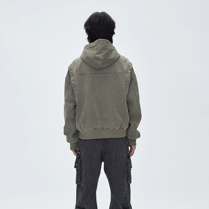 Washed canvas loose hooded jacket Olive Green