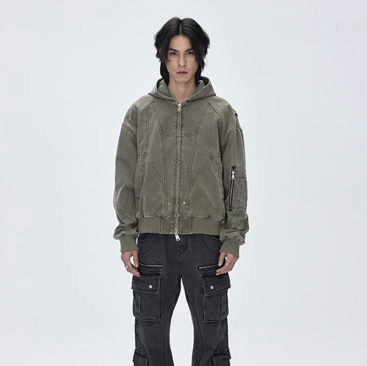 Washed canvas loose hooded jacket Olive Green