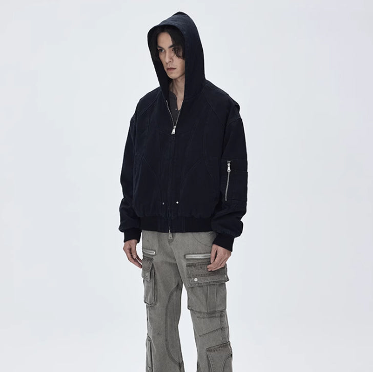 Washed canvas loose hooded jacket Black