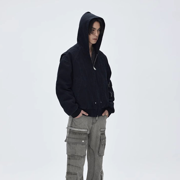 Washed canvas loose hooded jacket Black