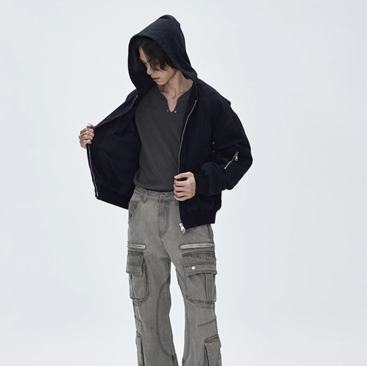 Washed canvas loose hooded jacket Black