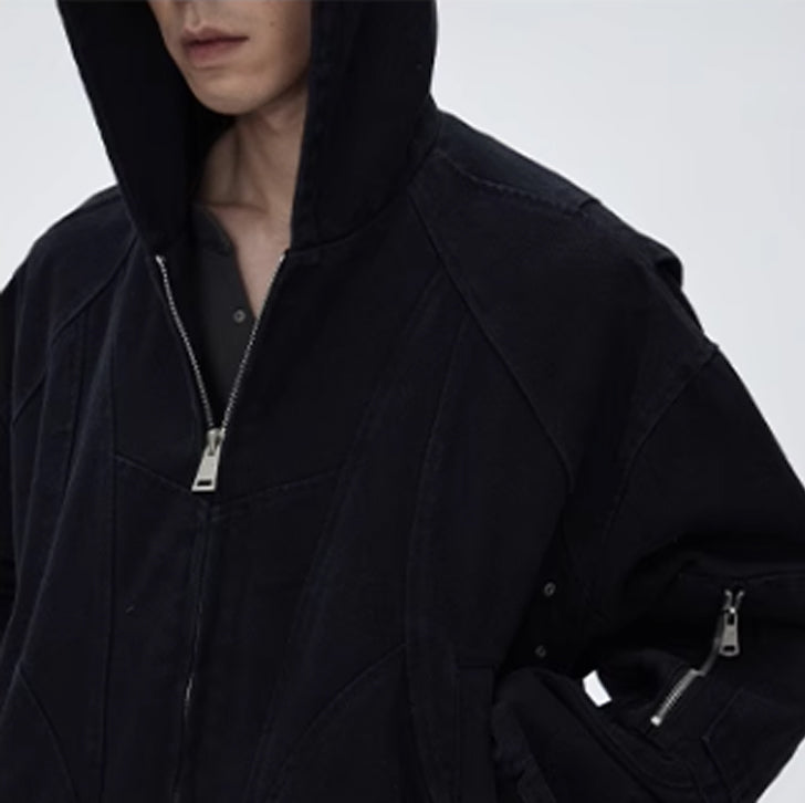 Washed canvas loose hooded jacket Black