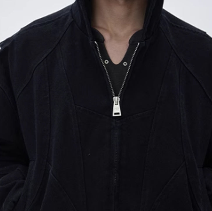 Washed canvas loose hooded jacket Black