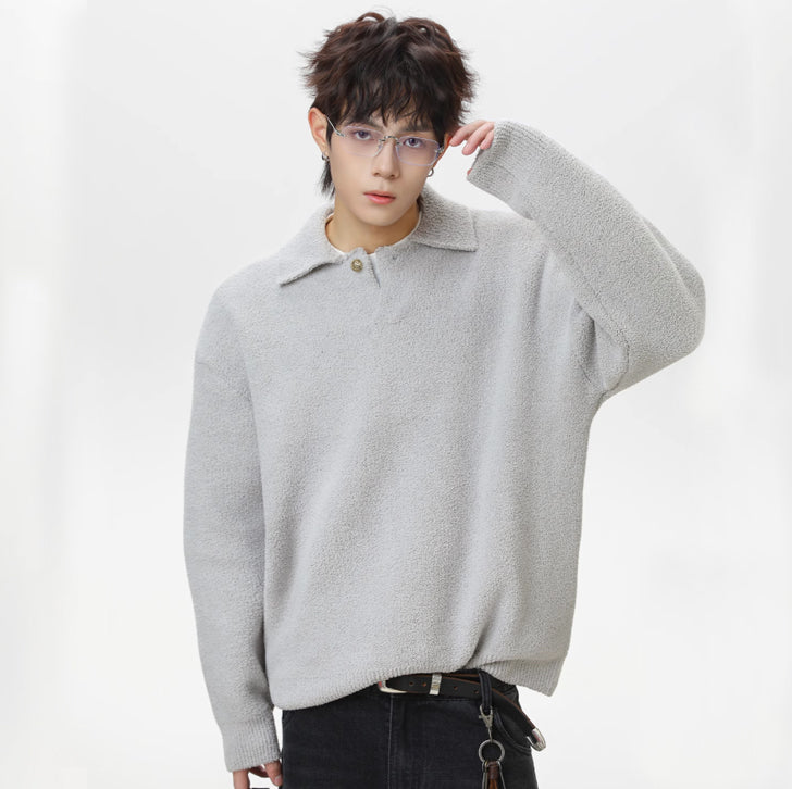 Lapel fleece knitted sweater White Ash