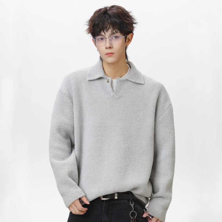 Lapel fleece knitted sweater White Ash