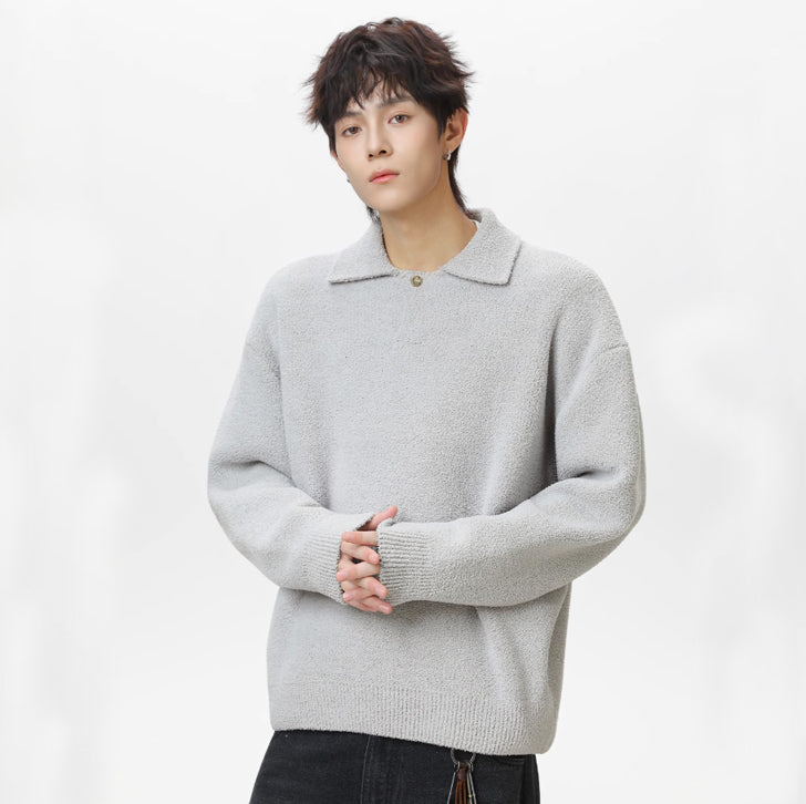 Lapel fleece knitted sweater White Ash