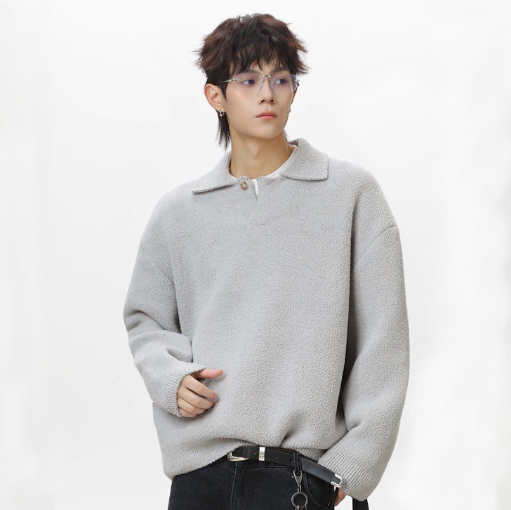 Lapel fleece knitted sweater White Ash
