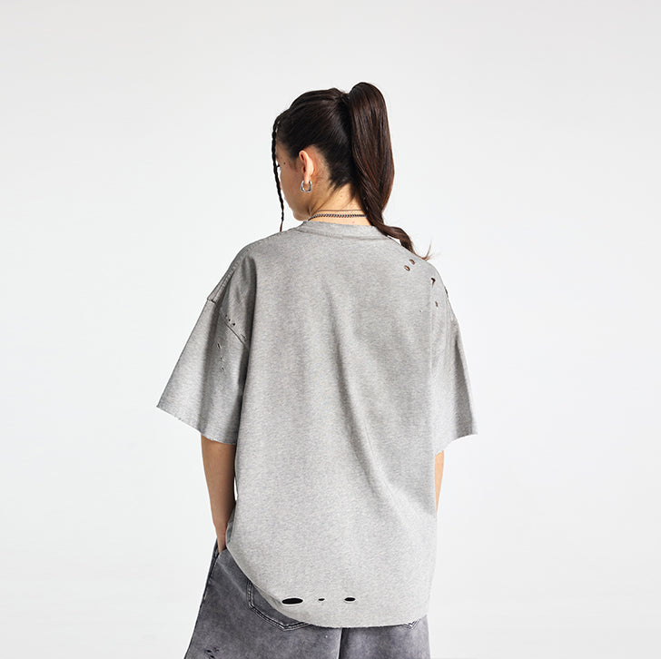 Black spray-painted frosted edge personalized T-shirt Grey