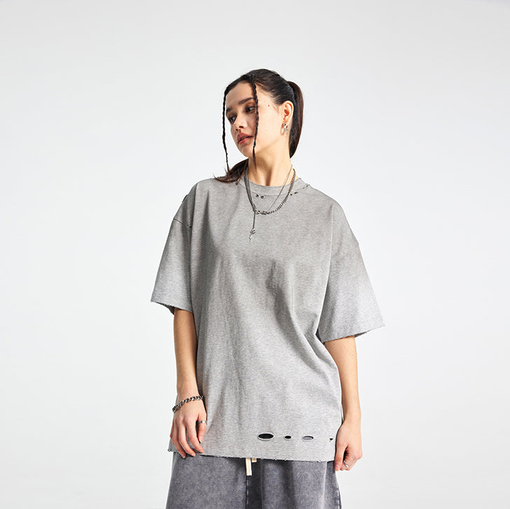 Black spray-painted frosted edge personalized T-shirt Grey