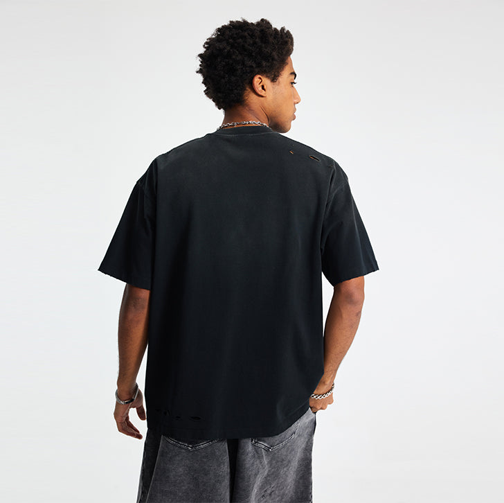 Black spray-painted frosted edge personalized T-shirt Black