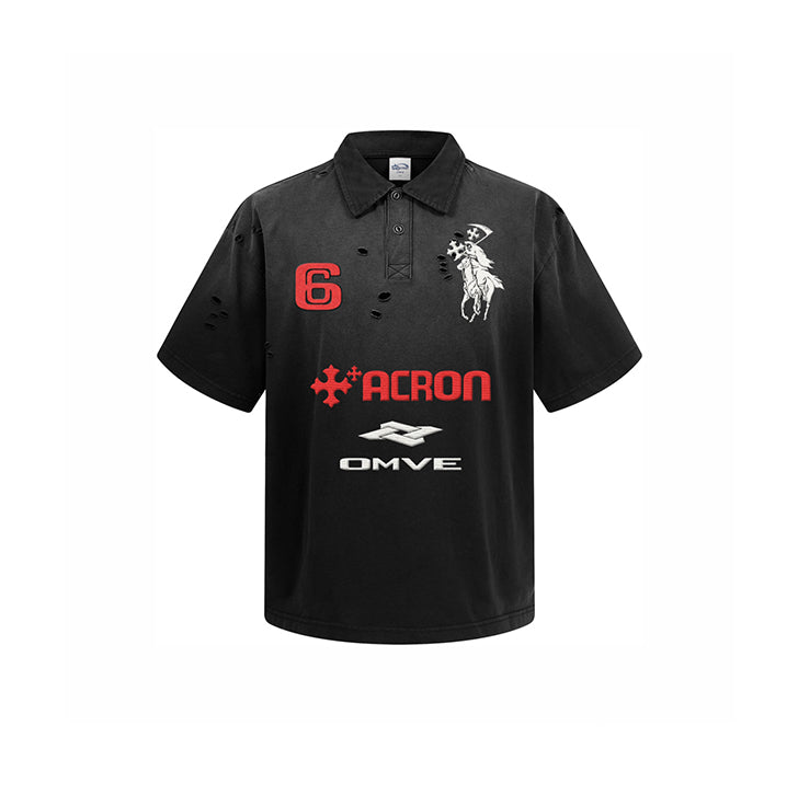 Knight Embroidered Print Collared T-Shirt Black
