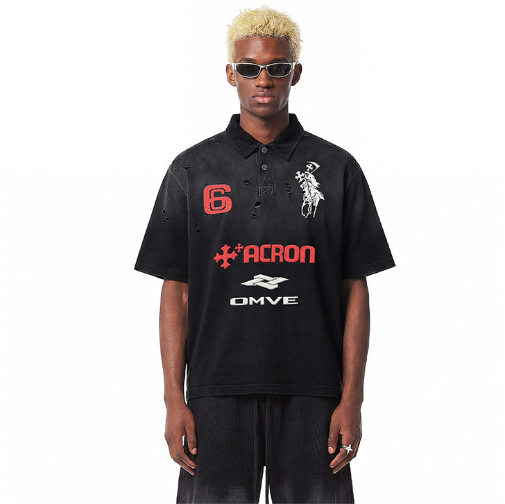 Knight Embroidered Print Collared T-Shirt Black