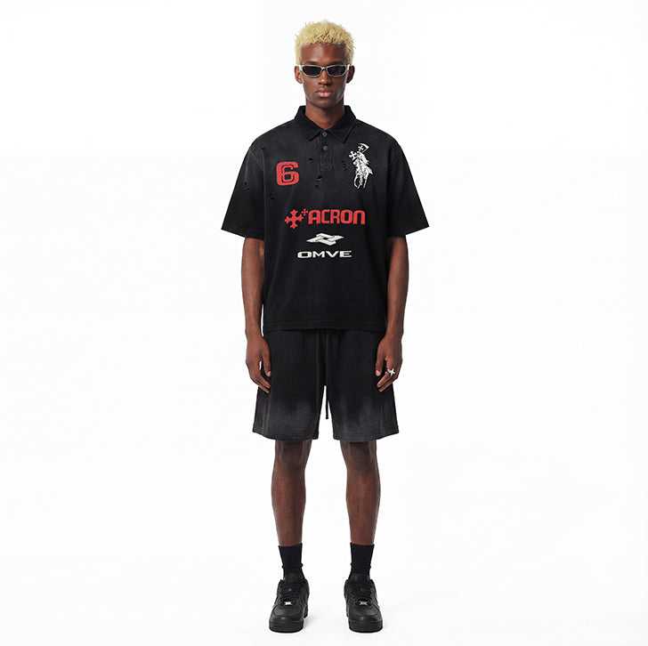 Knight Embroidered Print Collared T-Shirt Black