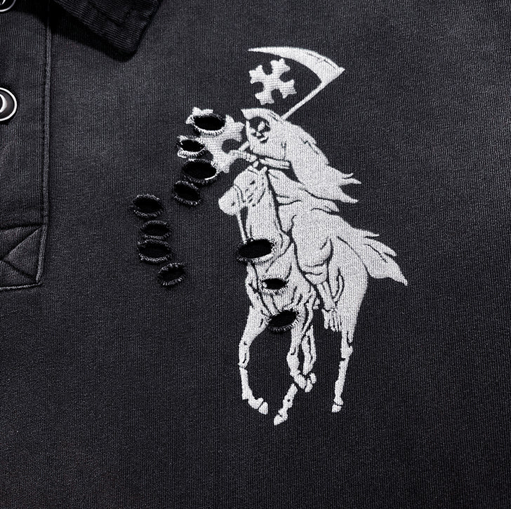 Knight Embroidered Print Collared T-Shirt Black