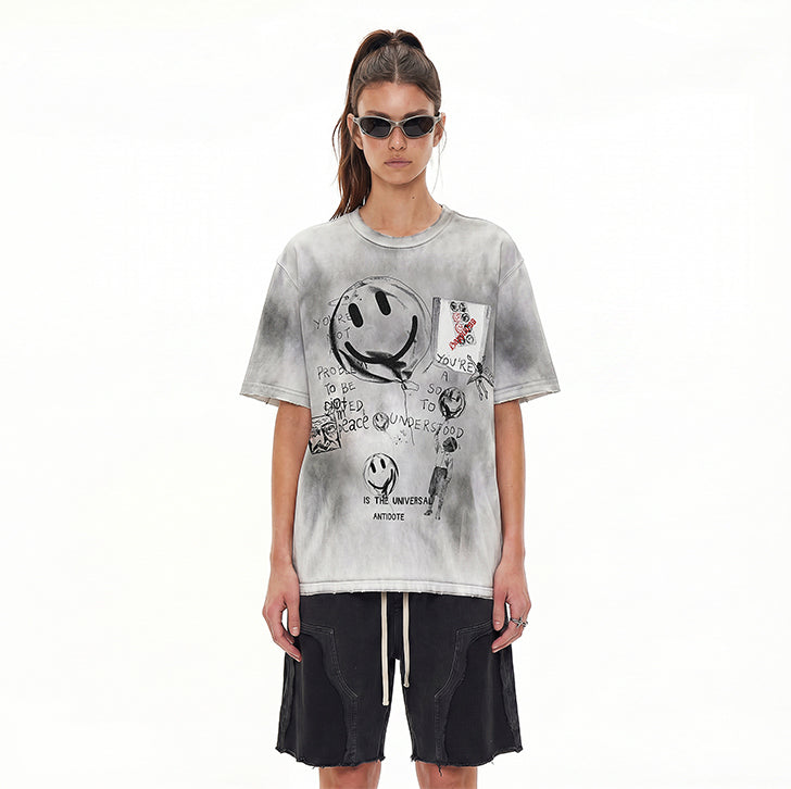 Smiley face graffiti gradient T-shirt Gray