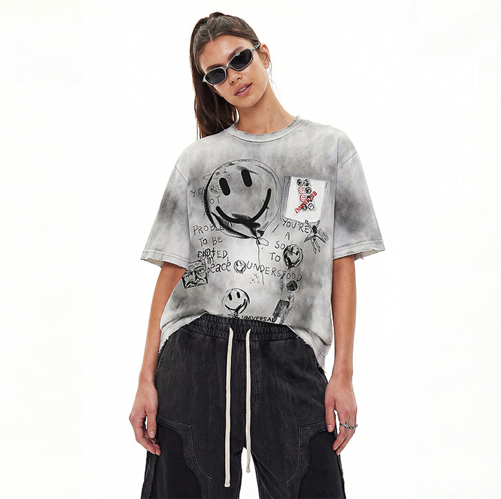 Smiley face graffiti gradient T-shirt Gray