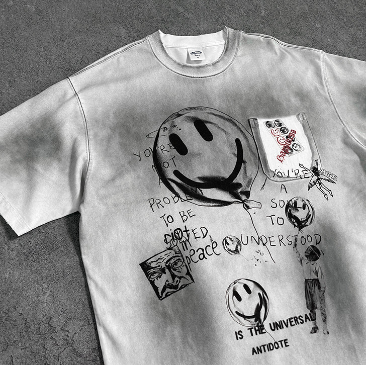 Smiley face graffiti gradient T-shirt Gray